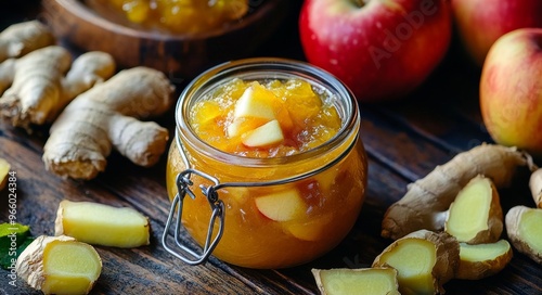 Homemade ginger and apple jam with fresh ginger root and apples on wooden table