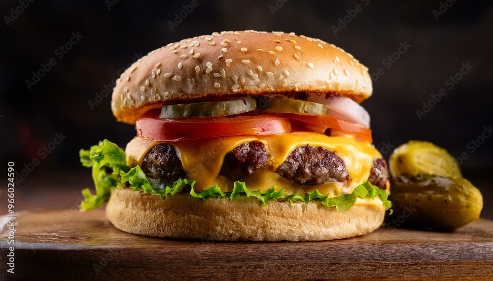 A juicy double cheeseburger with lettuce, tomato, onion, and pickles on a sesame seed bun A juicy double cheeseburger with lettuce, tomato, onion, and pickles on a sesame seed bun