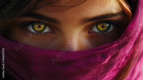 Closeup of the bright green eyes of a girl with her face wrapped in a magenta scarf generative ai