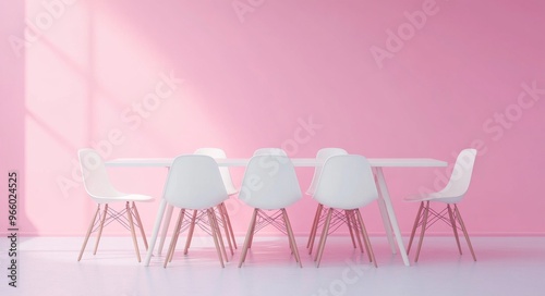 Modern dining area with white table and chairs against vibrant pink wall