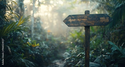 A rustic wooden signpost directs explorers through a lush tropical jungle at ...