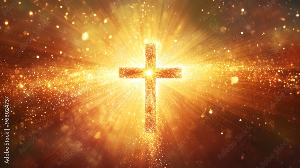 Graphic representation of a Christian cross surrounded by abstract light rays, conveying a sense of spirituality and divine presence. Graphic representation of a Christian cross surrounded by abstract light rays, conveying a sense of spirituality and divine presence.