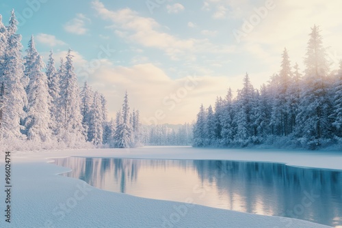 Frozen Lake and Snowy Evergreen Forest at Sunrise