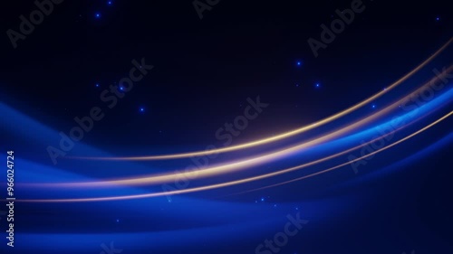 Curved blue and gold light trails sweep across a dark, starry background, creating a futuristic and elegant abstract design.