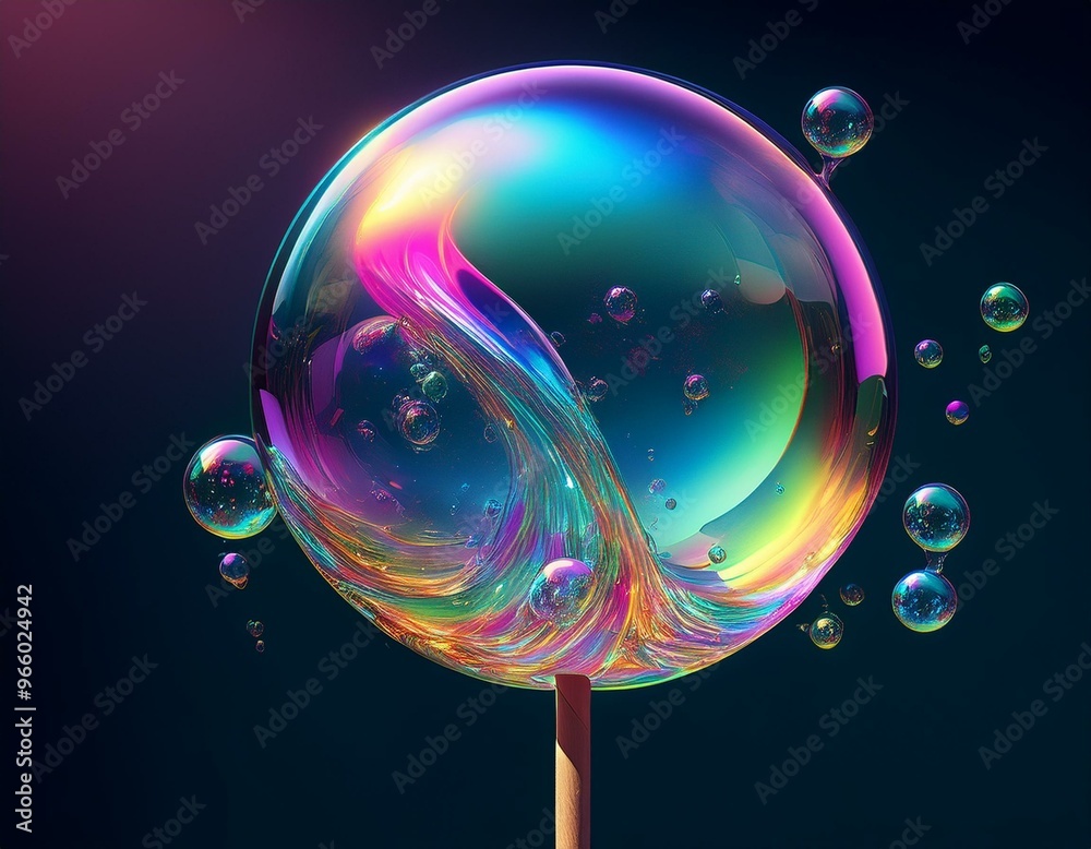 A large iridescent bubble on a stick with smaller bubbles around it A large iridescent bubble on a stick with smaller bubbles around it