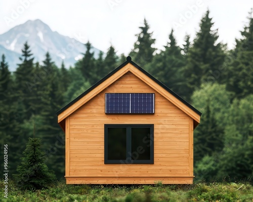 Wooden eco-lodge nestled in a forest, solar panels on the roof, surrounded by nature, green design