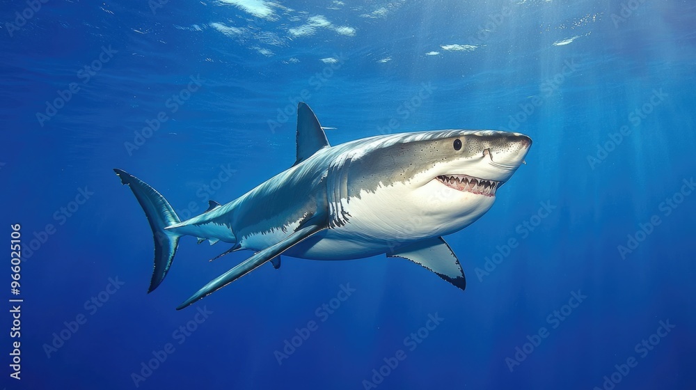 Great White Shark Gliding Through the Open Ocean Waters Great White Shark Gliding Through the Open Ocean Waters