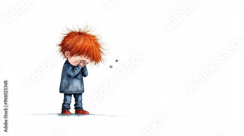 A sad boy with messy red hair, wearing a blue shirt and jeans, standing alone with his eyes closed in a reflective moment. photo