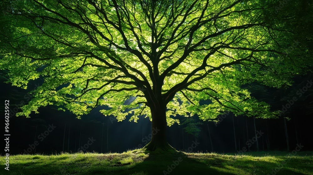 Naklejka premium Majestic tree with sprawling branches, natural canopy overhead, dappled sunlight on the forest floor