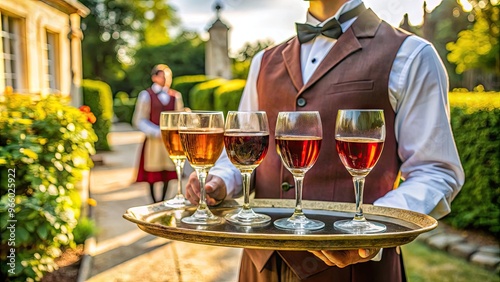 A Person Holding A Tray With Goblets Of Wine, Serving Drinks To Guests In A Traditional Or Historical Setting photo