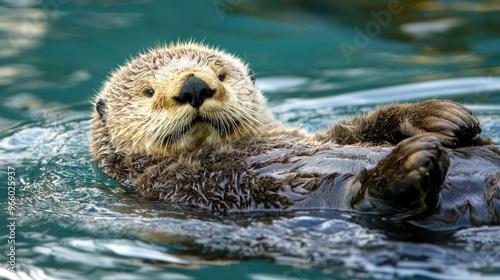 Adorable Sea Otter Floating on Its Back in Peaceful Ocean Waters photo