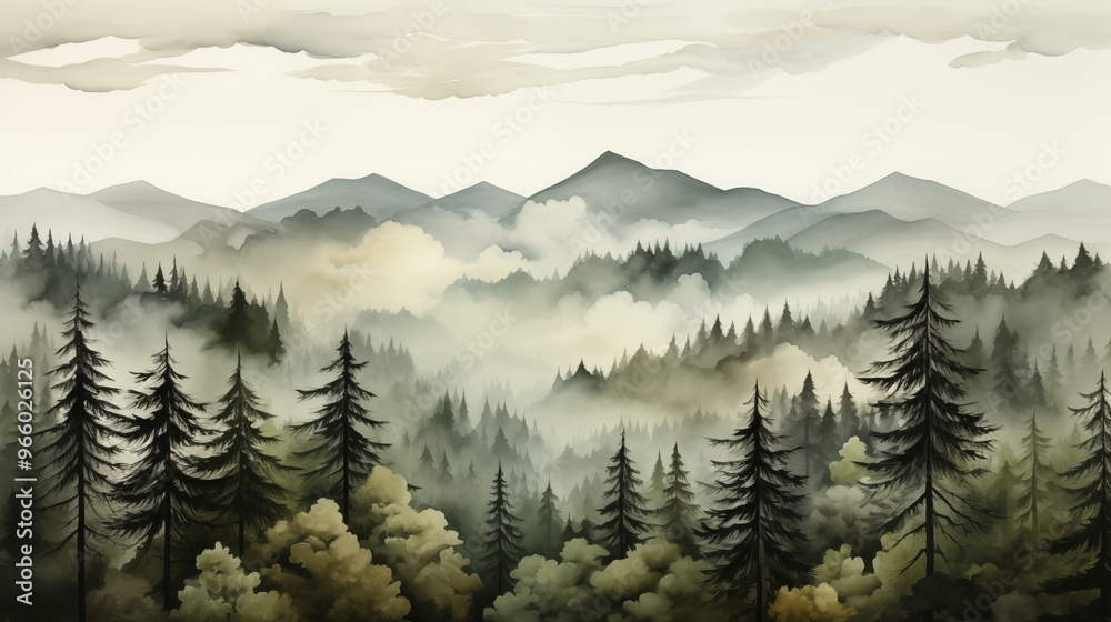 Fototapeta premium A mountain range with a foggy mist and trees in the foreground