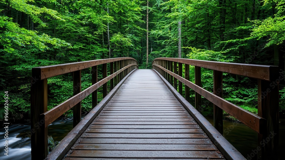 Wooden bridge crossing over a stream in a forest, canopy of trees above, peaceful ambiance Wooden bridge crossing over a stream in a forest, canopy of trees above, peaceful ambiance
