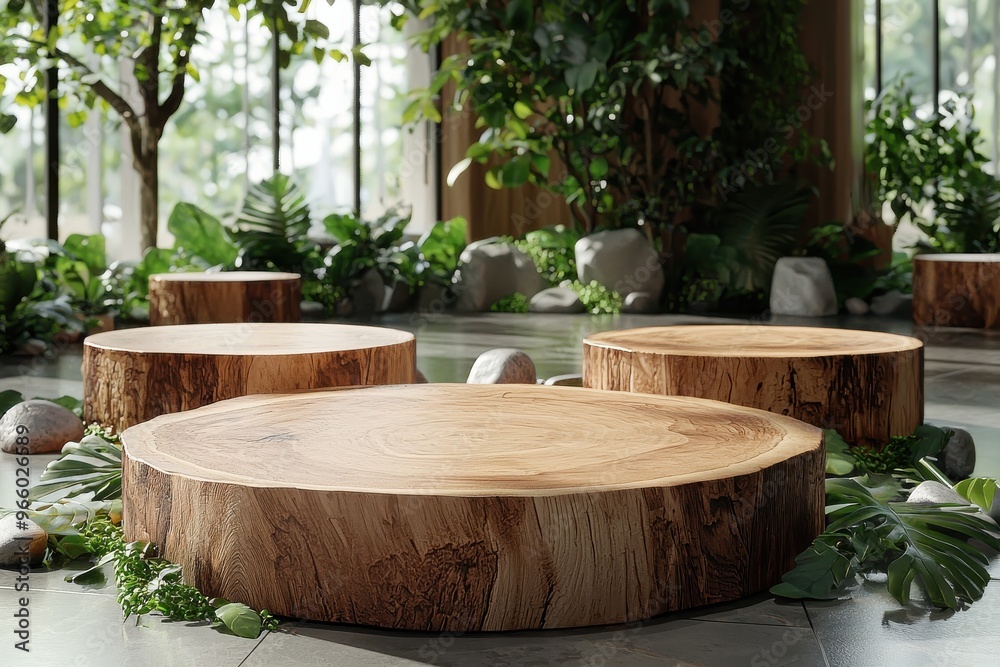 Fototapeta premium Rustic wooden tree stumps in lush outdoor garden, nature and natural decor concept