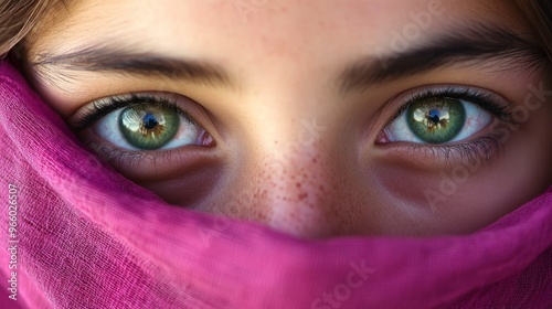 Closeup of the bright green eyes of a girl with her face wrapped in a magenta scarf generative ai