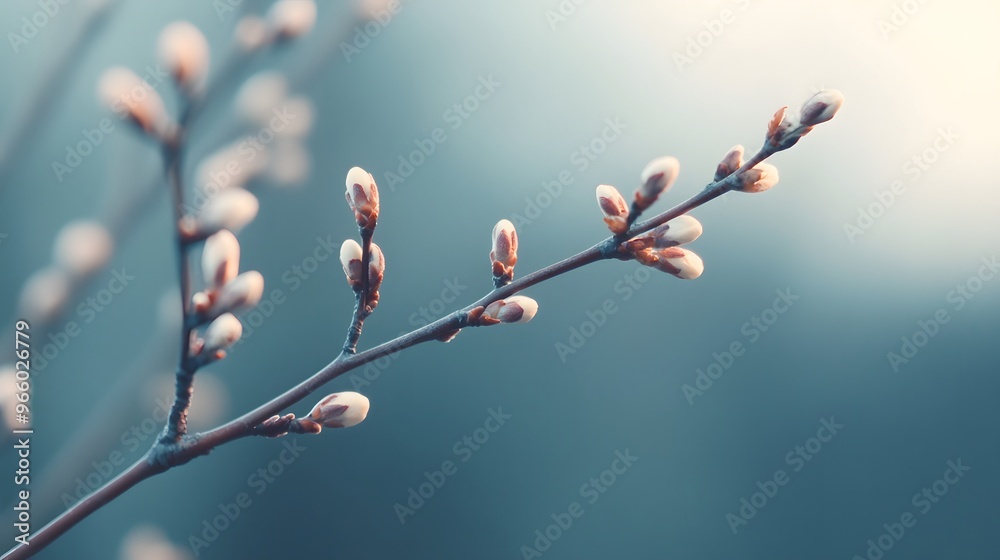 A branch of a tree with a few buds on it A branch of a tree with a few buds on it