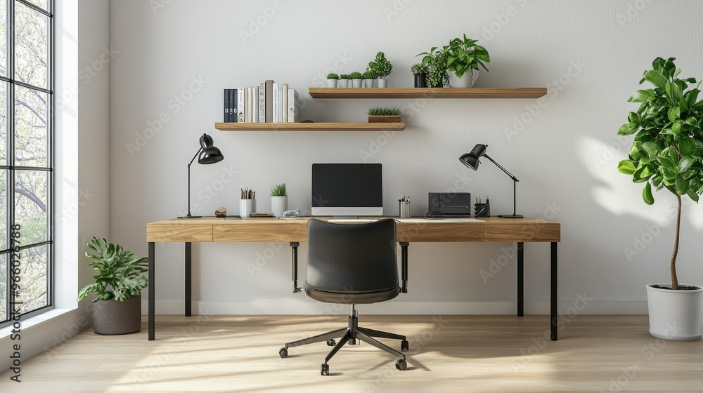 Stylish study area with a sleek wooden desk, modern chair, and a well-organized shelf, offering a productive and inspiring atmosphere. Stylish study area with a sleek wooden desk, modern chair, and a well-organized shelf, offering a productive and inspiring atmosphere.