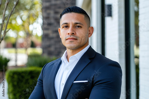 a Latino real estate agent standing outside a property he manages