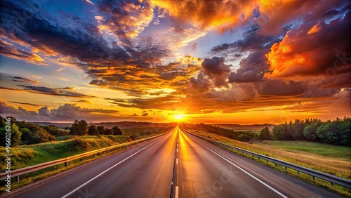 A Picturesque Sunset Casts A Warm Glow Over A Serene Highway Stretching Towards The Horizon.