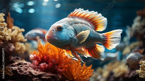 A fish with orange fins swims in a tank with coral and rocks photo