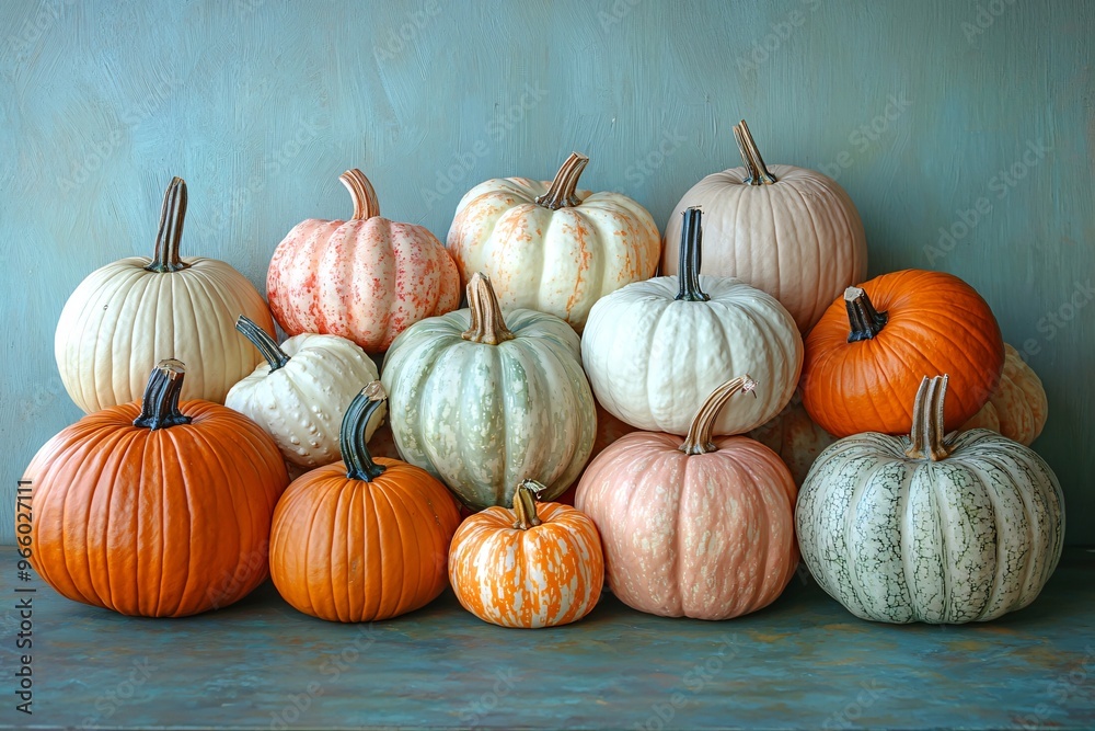A cozy arrangement of pumpkins perfect for Halloween decor, showcasing various shapes and colors, with ample copy space for festive text.