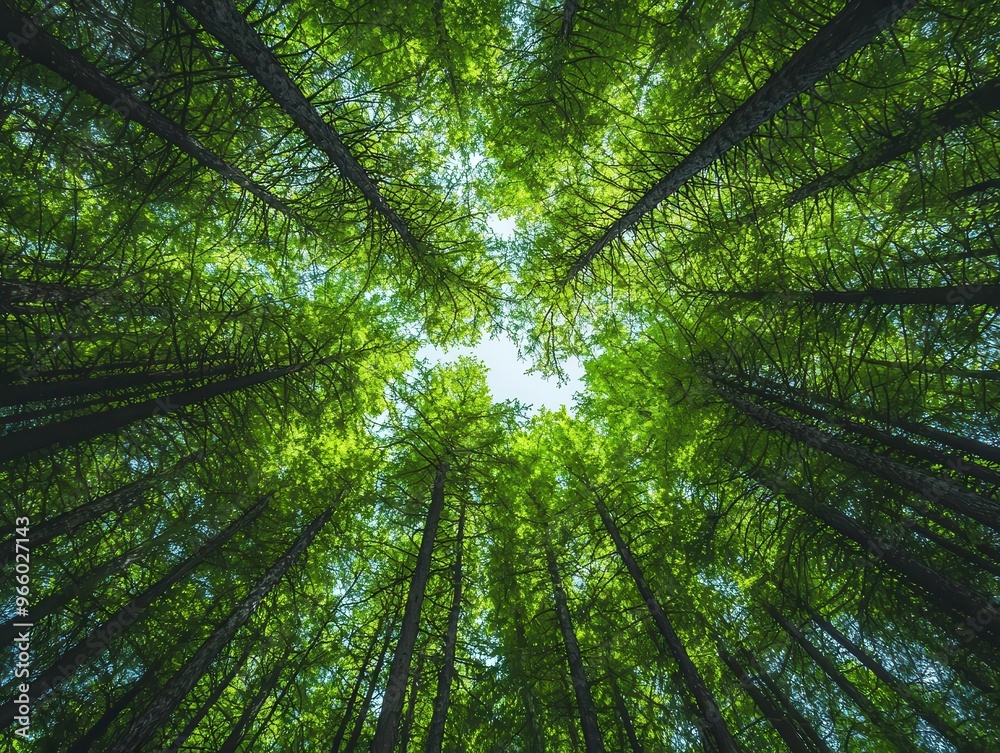 Forest canopy from below, looking up through tall trees, sunlight breaking through Forest canopy from below, looking up through tall trees, sunlight breaking through