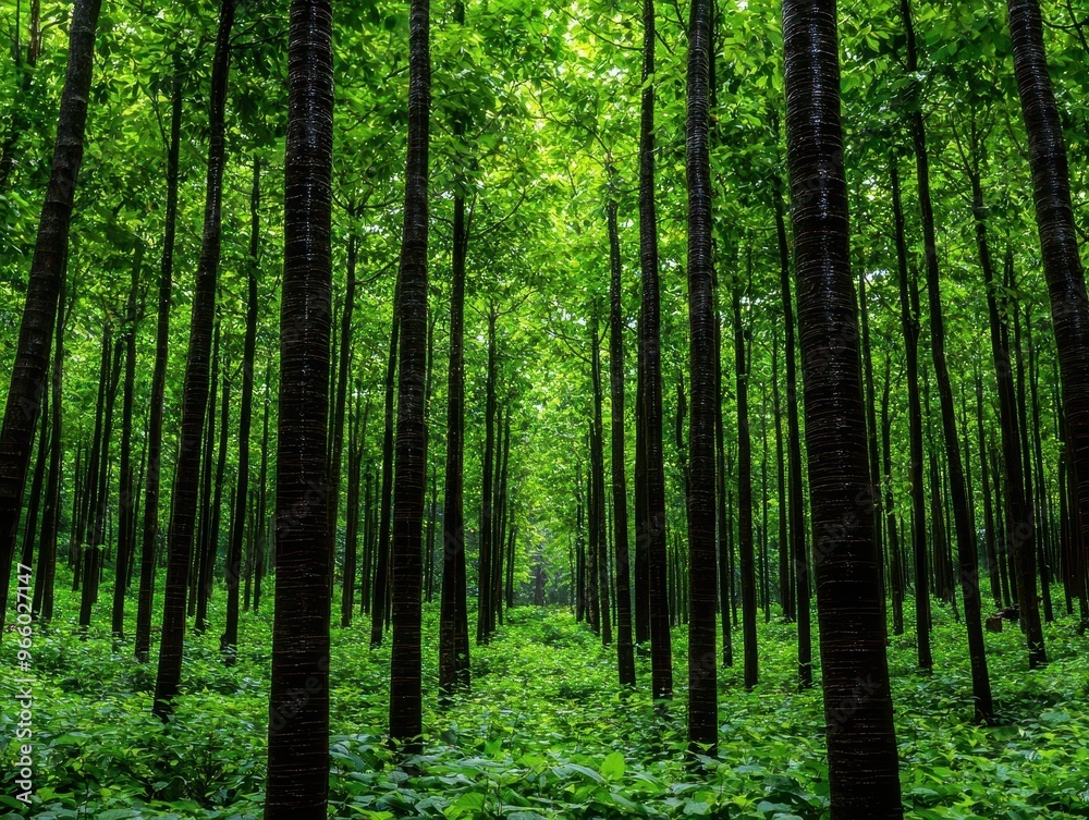 Tall trees with vines and moss, forest floor covered in greenery, eco-friendly atmosphere Tall trees with vines and moss, forest floor covered in greenery, eco-friendly atmosphere