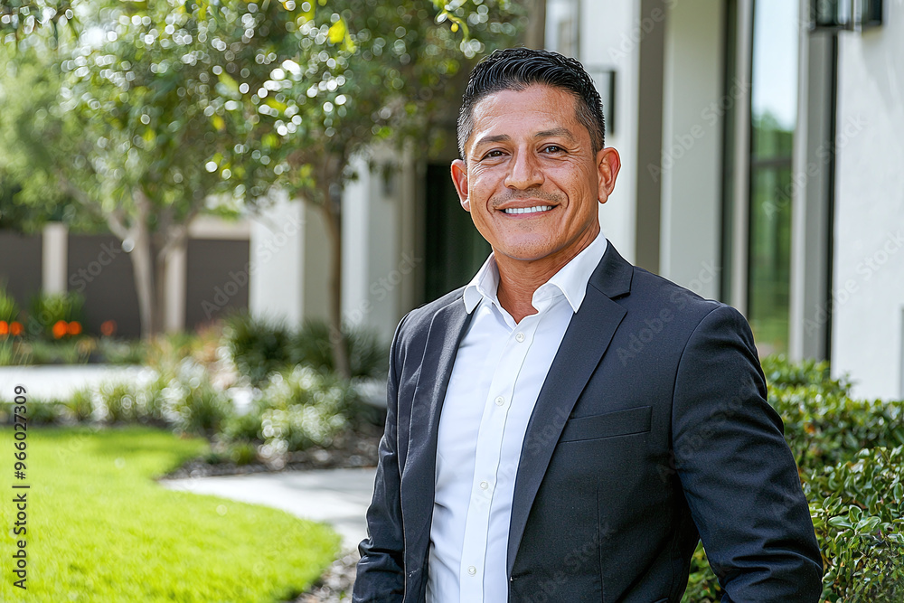 a Latino real estate agent standing outside a property he manages a Latino real estate agent standing outside a property he manages