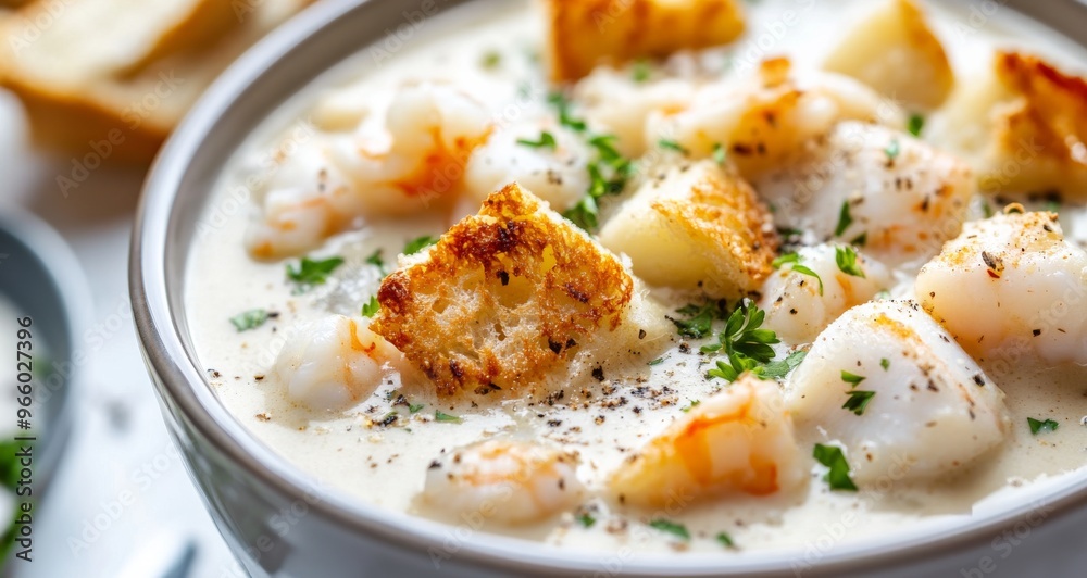 Creamy seafood chowder with diced vegetables in a rustic bowl captured on a sunny afternoon Creamy seafood chowder with diced vegetables in a rustic bowl captured on a sunny afternoon