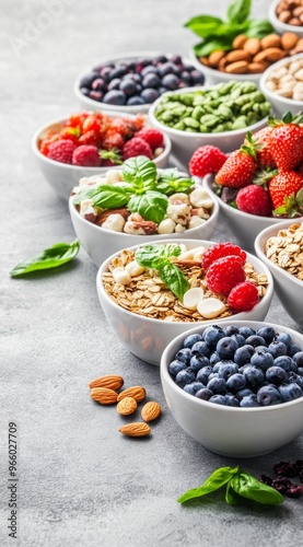Fresh fruits, nuts, and grains arranged in bowls on a textured surface for a ...