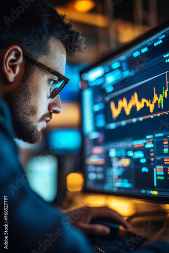 Stock market trader is working late, concentrating on the financial data displayed on multiple computer screens