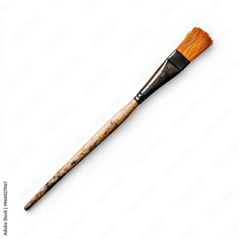 A single paintbrush with an orange bristle head, perfect for artists and crafts, isolated on a white background. A single paintbrush with an orange bristle head, perfect for artists and crafts, isolated on a white background.