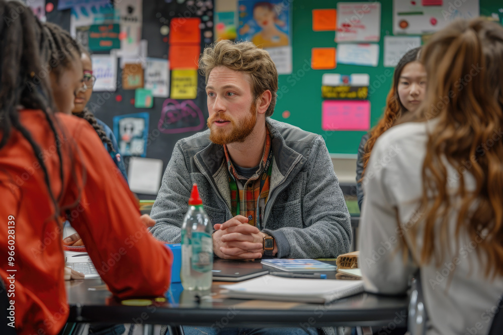 Young Adults Engaging in Group Discussion in Colorful Classroom Setting Young Adults Engaging in Group Discussion in Colorful Classroom Setting