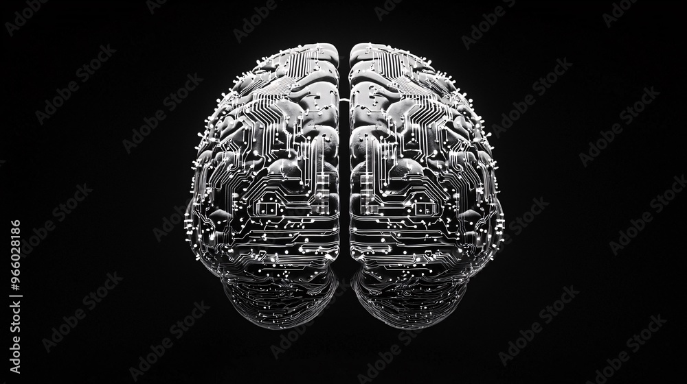 Naklejka premium Intricate Human Brain Interwoven with Digital Circuits, Conveying the Complexity of Cognition, Against a Profound Black Background