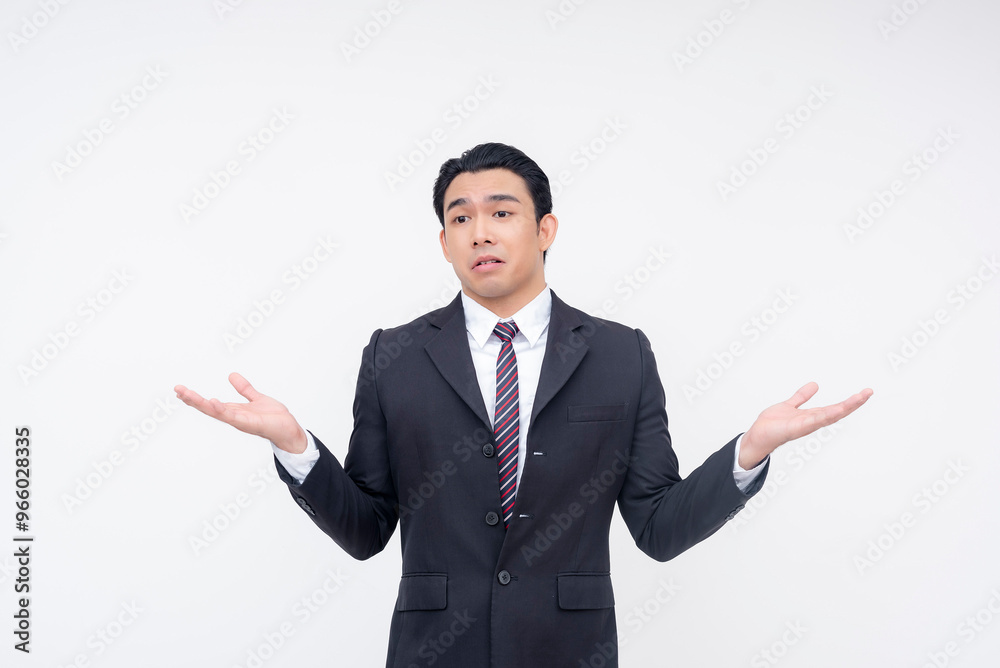 A sarcastic young asian business executive shrugging, feigning ignorance. isolated on a white background. A sarcastic young asian business executive shrugging, feigning ignorance. isolated on a white background.