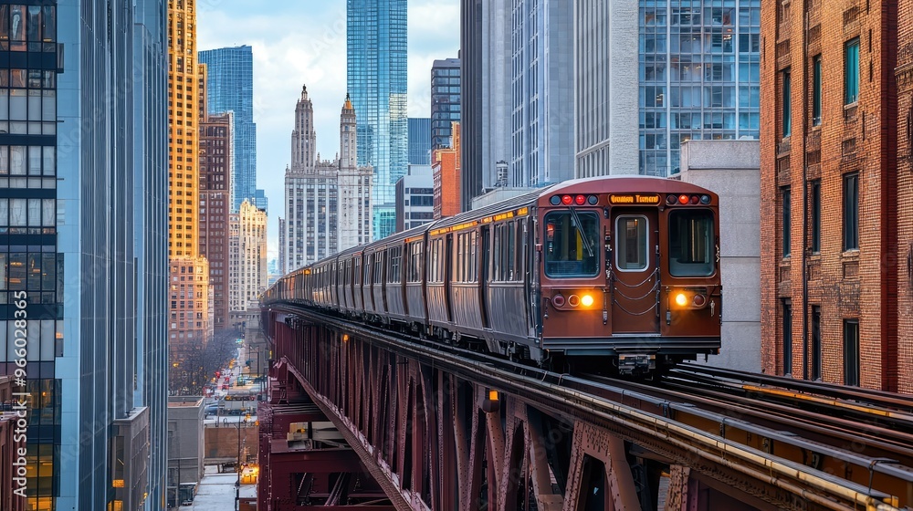 Obraz premium The elevated train in Chicago crossing a bridge, with downtown buildings in the background, isolated scene.
