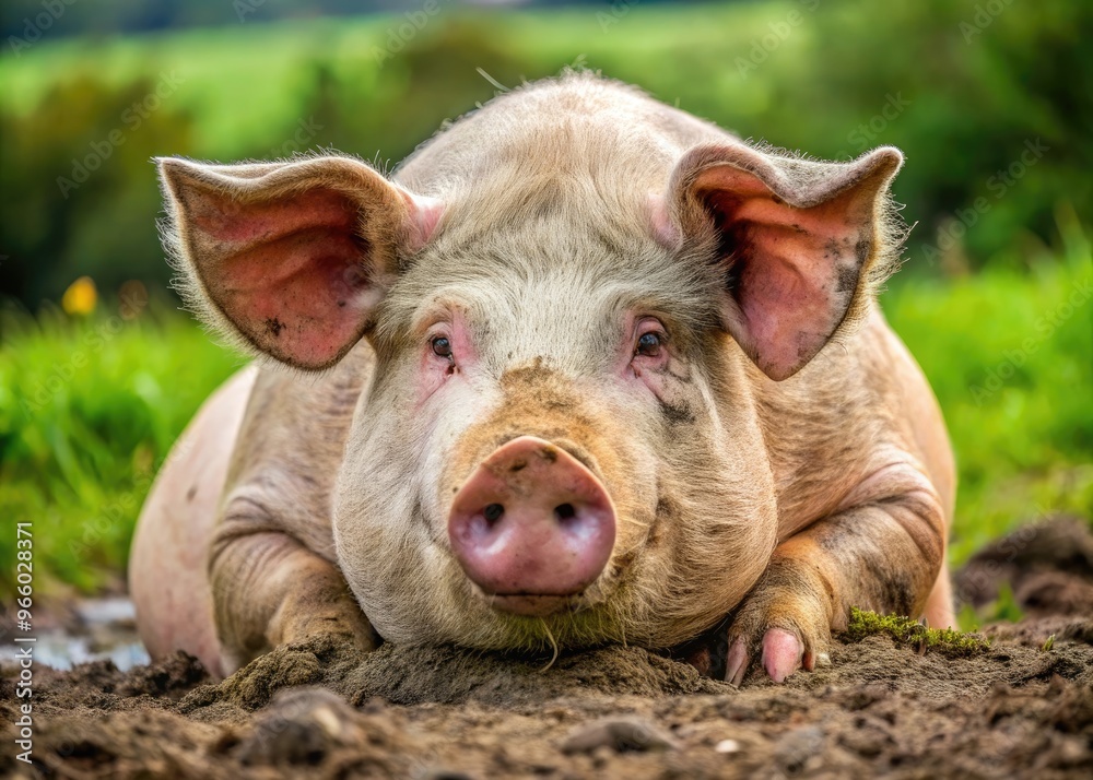 A rotund pig with a wrinkled face, smudged nose, and muddy coat lies on its side, snout pointed towards a trampled patch of grass. A rotund pig with a wrinkled face, smudged nose, and muddy coat lies on its side, snout pointed towards a trampled patch of grass.