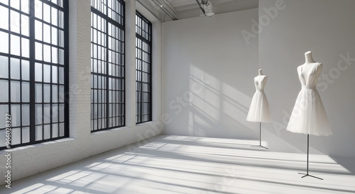Brightly lit studio showcasing elegant white dresses on mannequins in a seren...