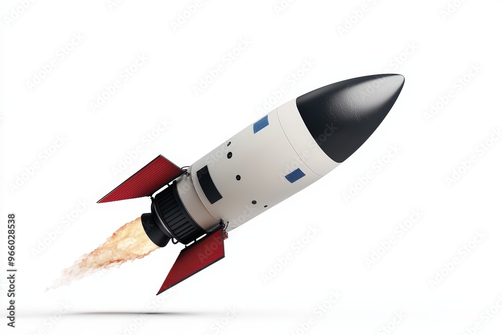 A sleek rocket launching into space with vibrant flames, symbolizing adventure and exploration in technology and science.