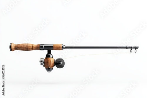 A sleek fishing rod showcasing a wooden handle and modern reel, perfect for fishing enthusiasts and outdoor adventures. photo