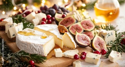 A festive cheese platter with fruits and honey on a wooden board during a win...