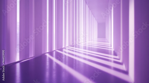 Serene purple corridor illuminated by soft light at dawn with elongated shado...