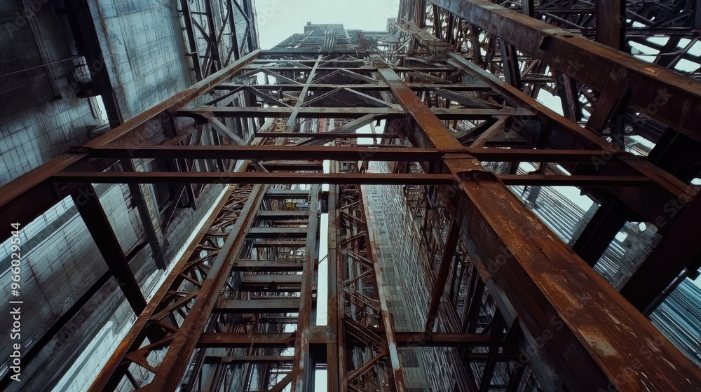 Metal beams and frames forming the skeleton of a skyscraper under construction. Metal beams and frames forming the skeleton of a skyscraper under construction.