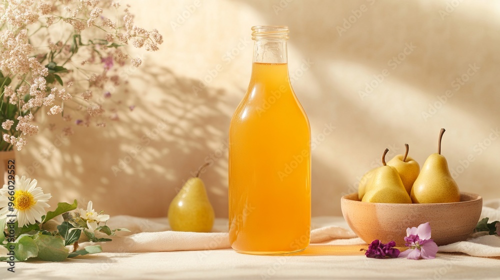 Large Glass Bottle of Honey with Pears and Flowers in Soft Sunlight - AI generated illustration
