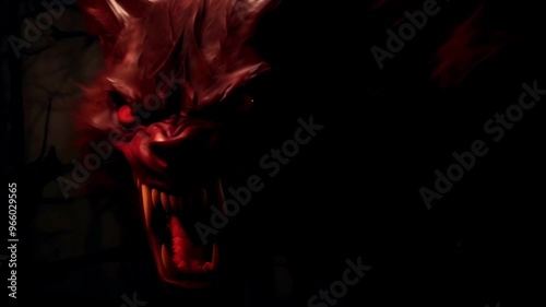 A monstrous werewolf with glowing red eyes and sharp fangs lurks in the shadows, evoking fear and terror with its fearsome appearance
