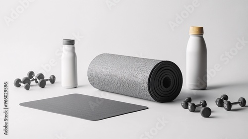 Wallpaper Mural Serene Yoga Session Featuring Rolled-Up Mat, Dumbbells, and Water Bottle in a Tranquil Setting Torontodigital.ca