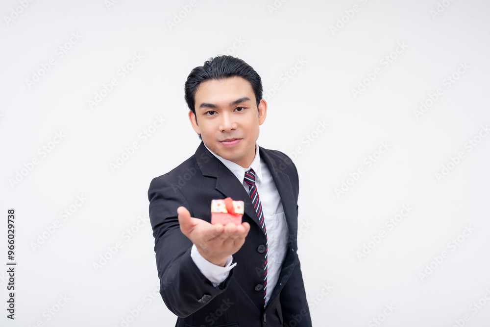 A young and kind asian business executive handing over a very small gift on the palm of his hand. A token of appreciation. Isolated on a white background. A young and kind asian business executive handing over a very small gift on the palm of his hand. A token of appreciation. Isolated on a white background.