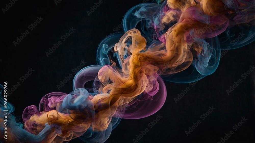 Fototapeta premium Swirling colorful smoke trails create an ethereal atmosphere in a dark setting during a creative performance
