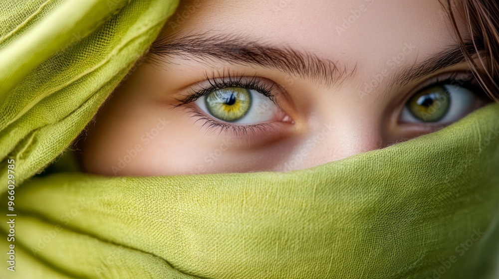 Closeup of the bright hazel eyes of a girl with her face wrapped in a lime green scarf generative ai Closeup of the bright hazel eyes of a girl with her face wrapped in a lime green scarf generative ai