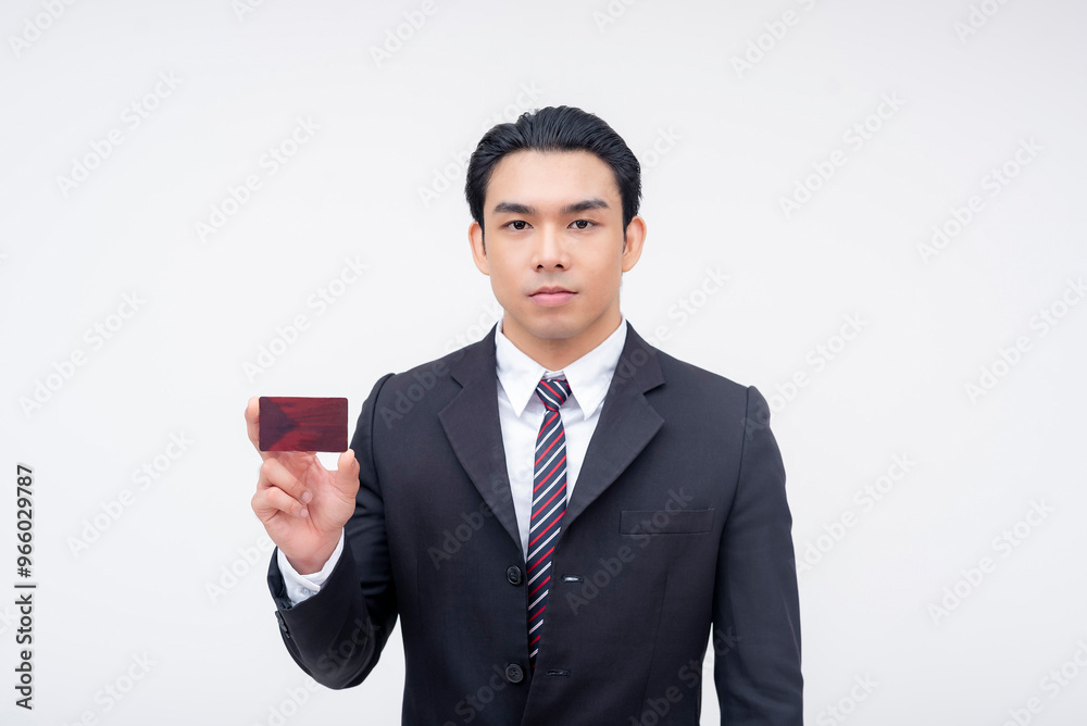A confident and pensive young asian business executive holding a blank card. Possible reward, membership or debit card. Isolated on a white background. A confident and pensive young asian business executive holding a blank card. Possible reward, membership or debit card. Isolated on a white background.